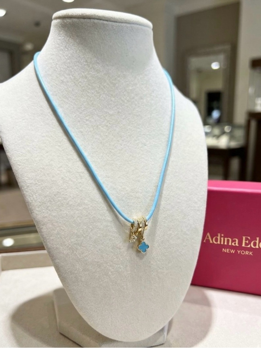 Adina Eden Light Blue Leather Necklace with Gold, CZ & Turquoise Clover Pendant